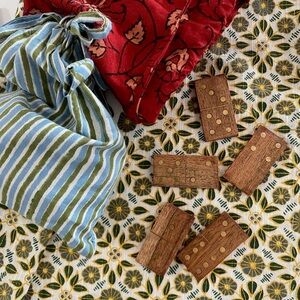 NEW Wood & Brass Domino Set in Cloth Bag Classic Heirloom Game